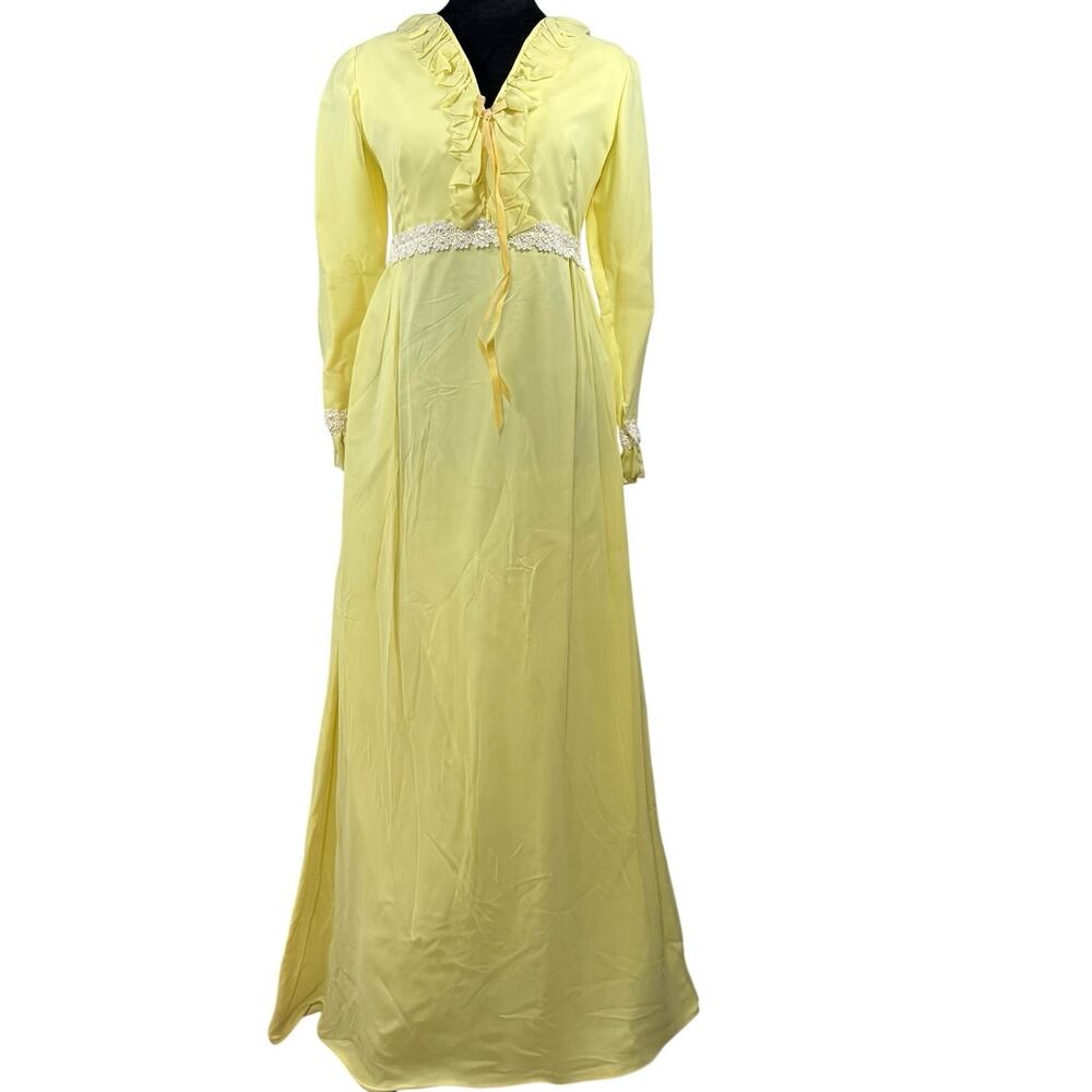 Vintage 70s Women's Small Maxi Dress Yellow Long Sleeve Fleur de Lis Trim
